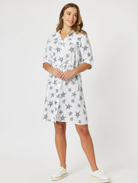 Graphic Star Print Linen Dress | Threadz