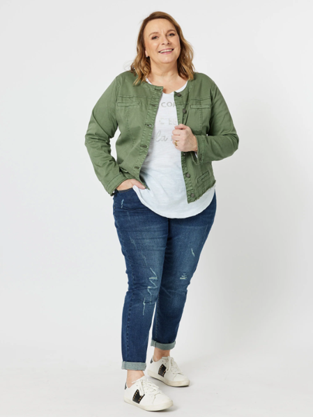 Collarless Denim Jacket - Khaki | Threadz