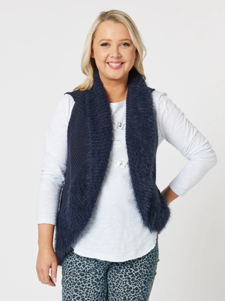 Fluffy Trim Knit Vest - Navy | Threadz