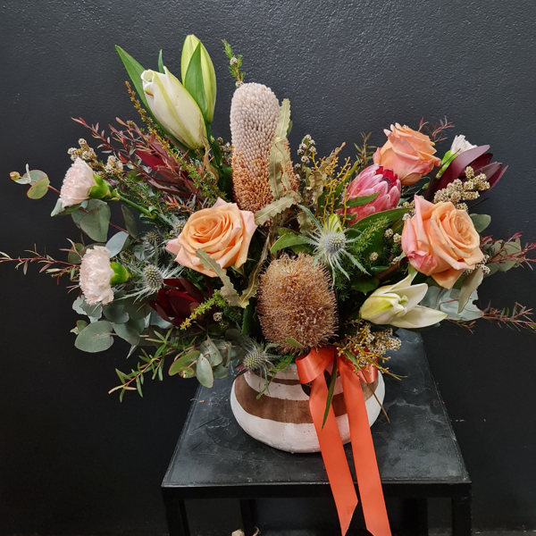 Large Natives & Seasonal Arrangement in Cement Pot