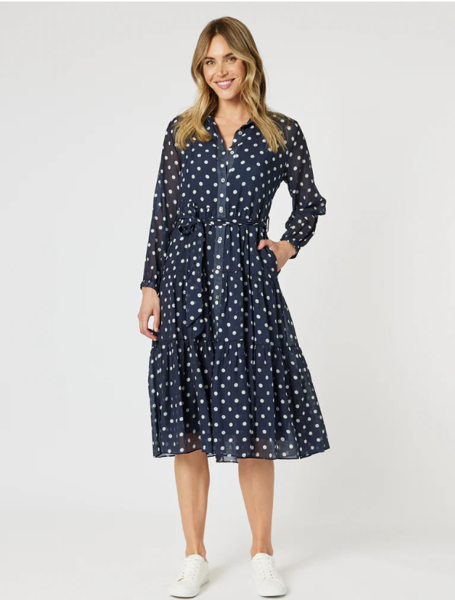 Sorrento Spot Print Button Dress - Navy/White | Gordon Smith