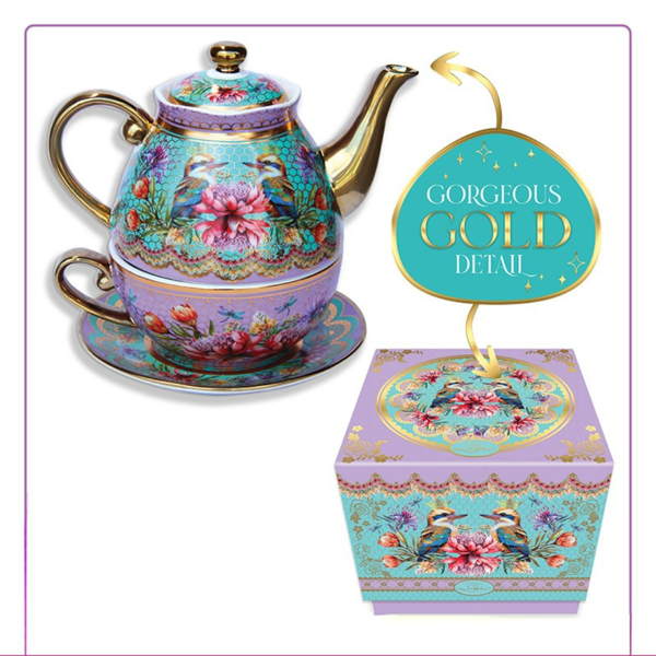 Lisa Pollock Vintage Kookas Tea for One Set | Ceramic Teapot Cup Gift Set