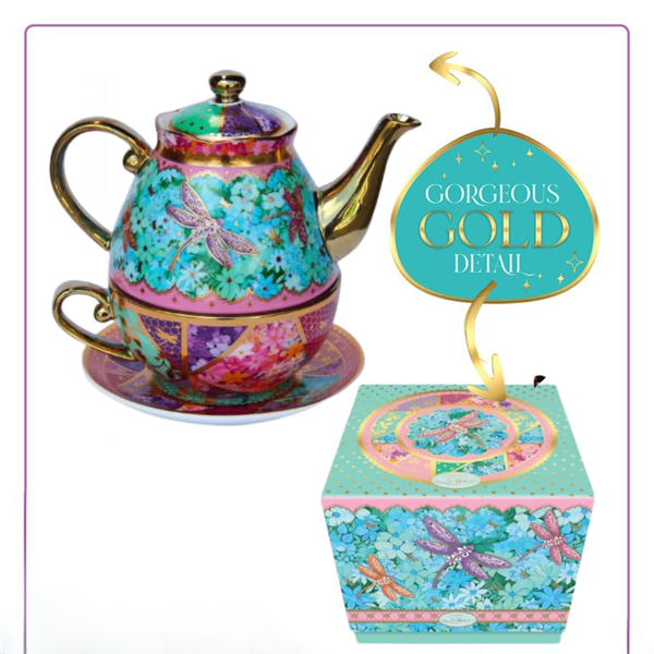 Lisa Pollock Pretty Patchwork Tea for One Set | Ceramic Teapot Cup Gift Set