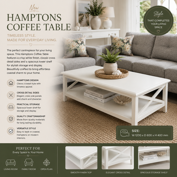 Hampton Rectangle Coffee Table | White Acacia Wood Finish