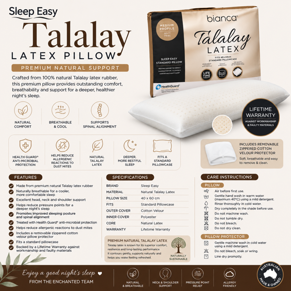 Sleep Easy Medium Profile Soft Feel Talalay Latex Pillow  Bianca