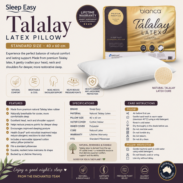 Sleep Easy Medium Profile Medium Feel Talalay Latex Pillow  Bianca