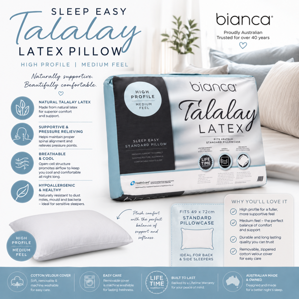 Sleep Easy High Profile Medium Feel Talalay Latex Pillow  Bianca