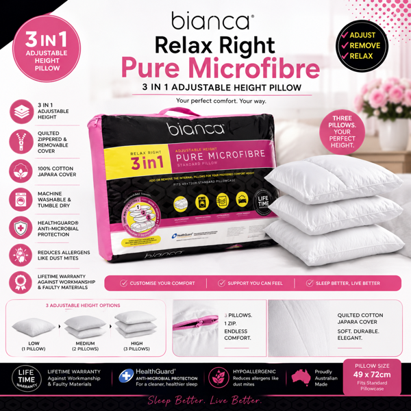 Relax Right 3-in-1 Pure Microfibre Pillow  Bianca